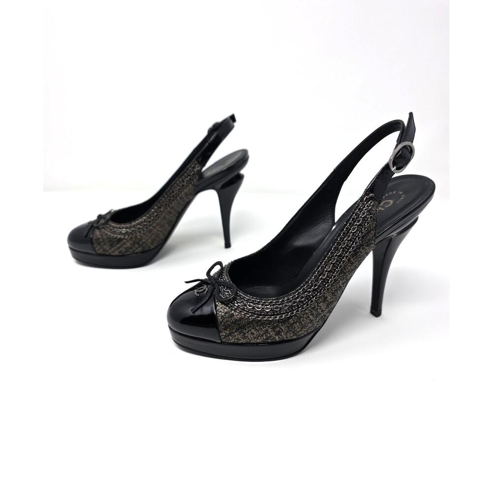 Chanel Slingback Platform Vintage Heels Cap Toe CC Logo Bow Chain Black 36.5 6